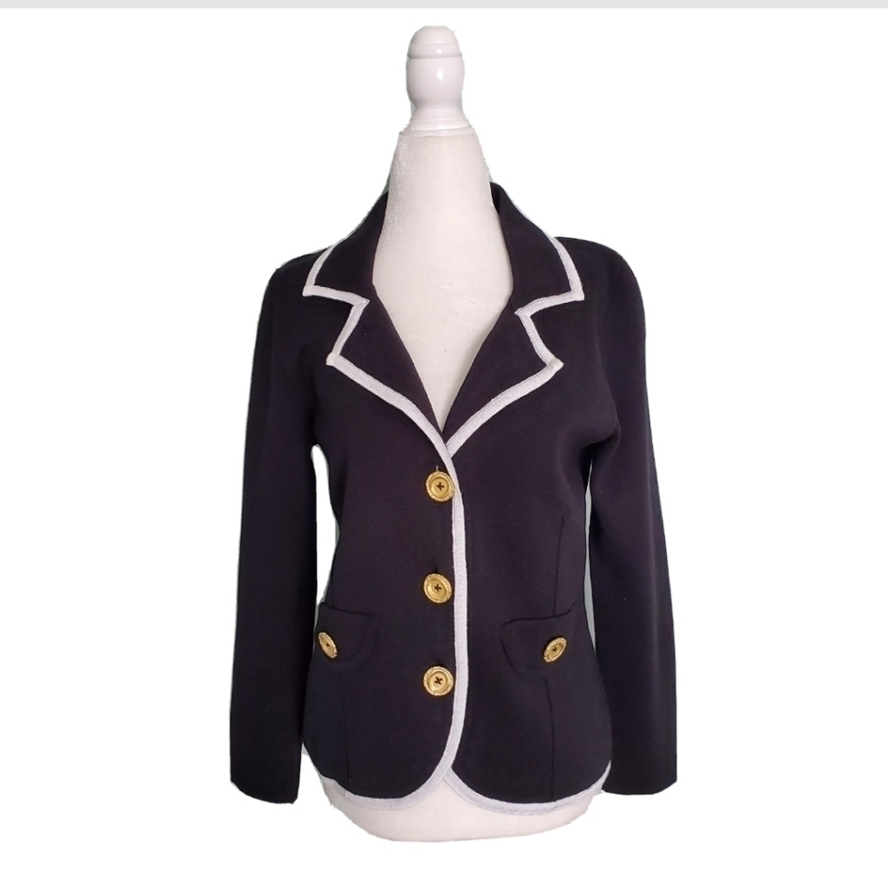 Jennifer T Knit Couture Blazer Black with White Trim And Gold Buttons